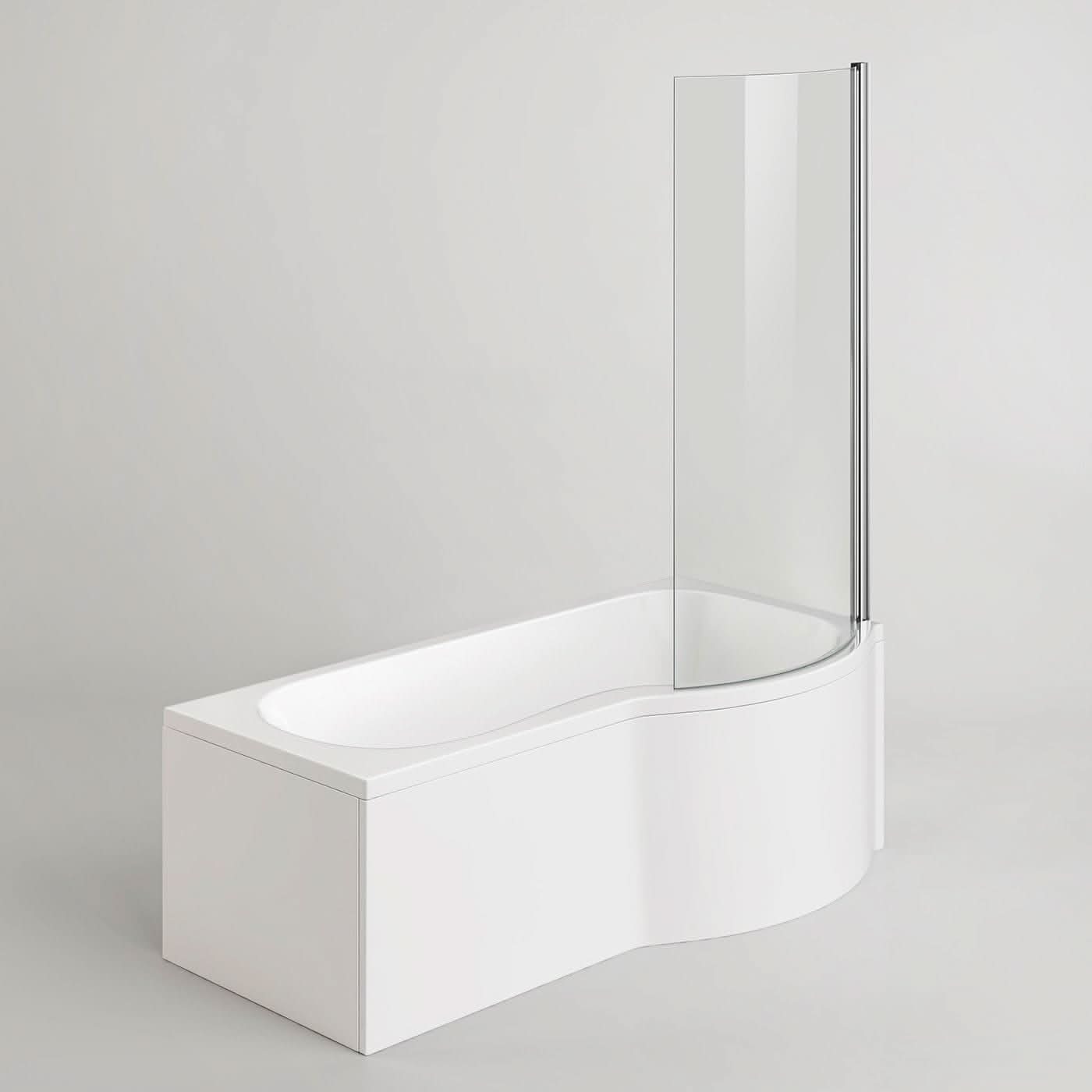 iBathUK Soffra Right Hand P-Shaped Shower Bath, Luxury Acrylic Straight Bathtub with Glass Screen & Matching Front Panel, P Shaped Bath with Screen, 1700mm