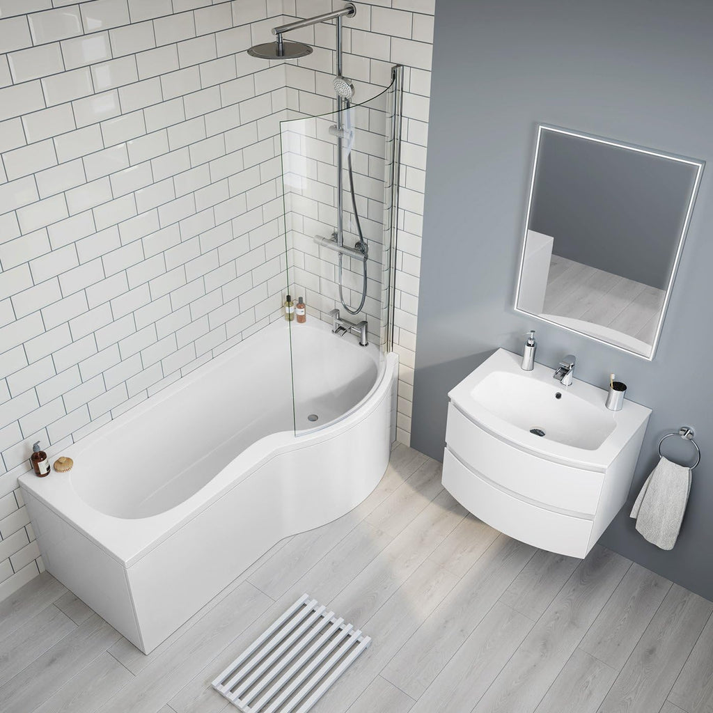 iBathUK Soffra Right Hand P-Shaped Shower Bath, Luxury Acrylic Straight Bathtub with Glass Screen & Matching Front Panel, P Shaped Bath with Screen, 1700mm