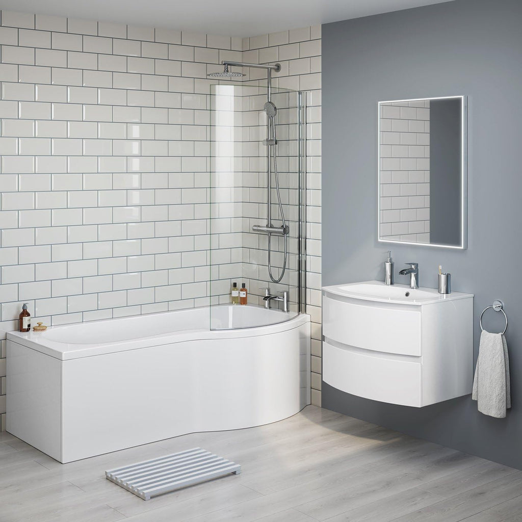 iBathUK Soffra Right Hand P-Shaped Shower Bath, Luxury Acrylic Straight Bathtub with Glass Screen & Matching Front Panel, P Shaped Bath with Screen, 1700mm