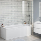 iBathUK Soffra Right Hand P-Shaped Shower Bath, Luxury Acrylic Straight Bathtub with Glass Screen & Matching Front Panel, P Shaped Bath with Screen, 1700mm