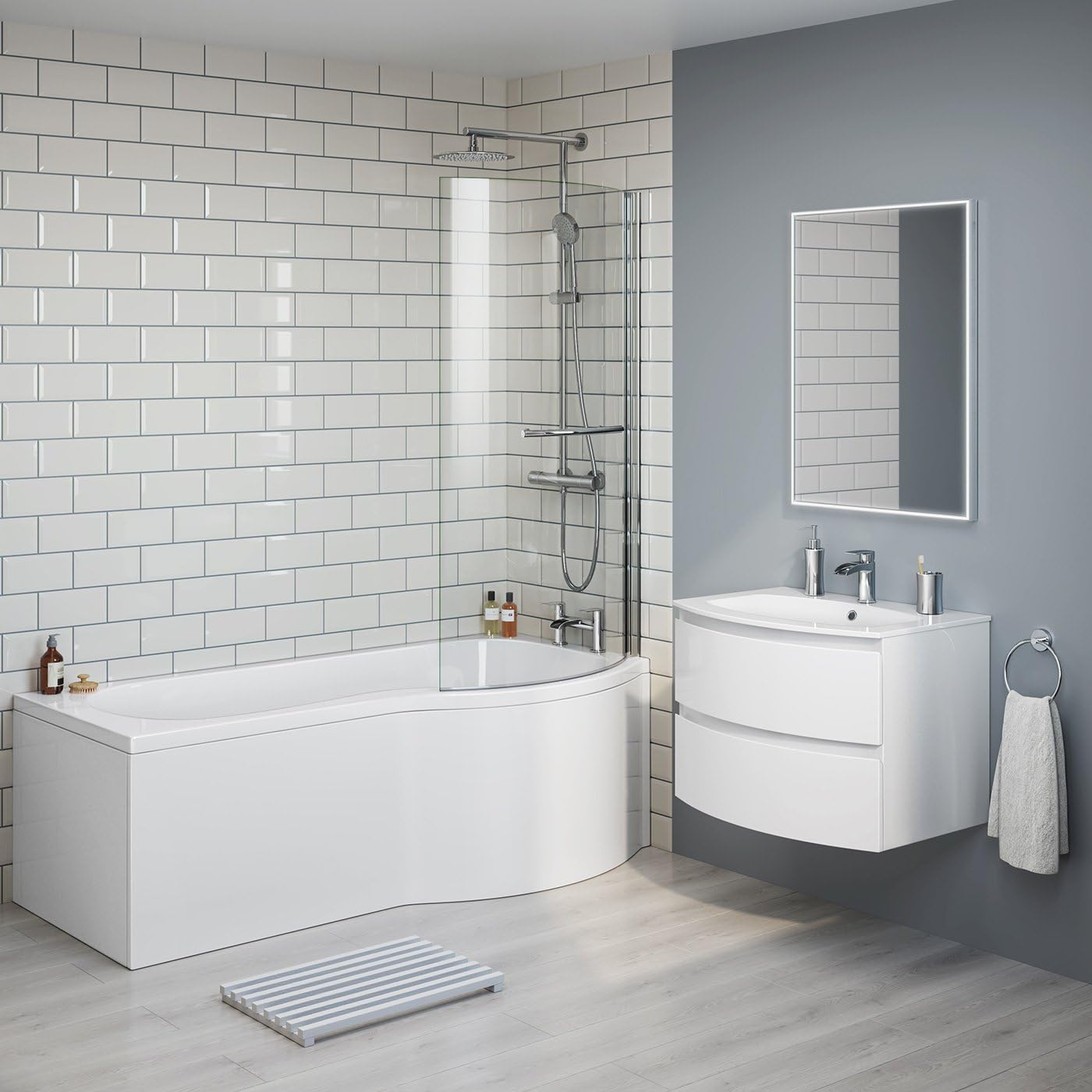 iBathUK Soffra Right Hand P-Shaped Shower Bath, Luxury Acrylic Bathtub with Glass Screen & Panel, P Shaped Bath with Screen, 1700mm