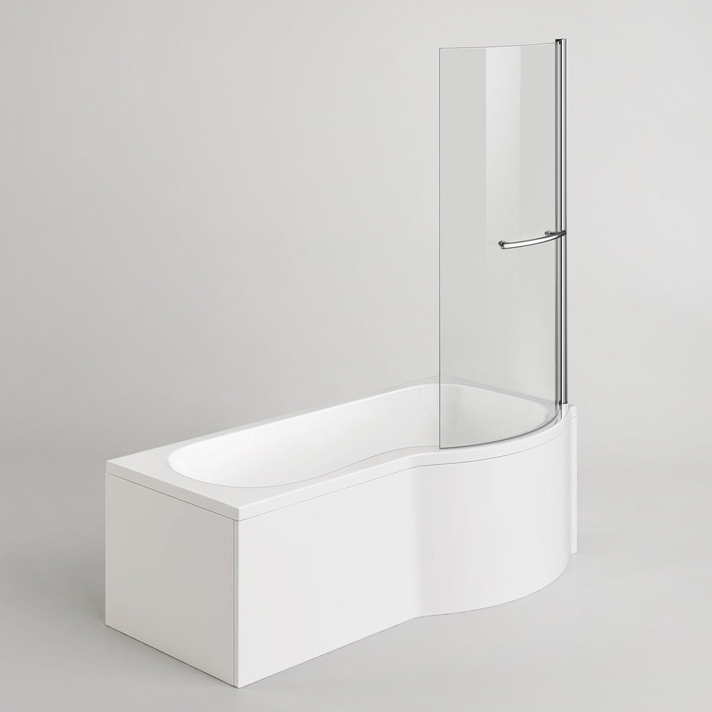 iBathUK Soffra Right Hand P-Shaped Shower Bath, Luxury Acrylic Bathtub with Glass Screen & Panel, P Shaped Bath with Screen, 1700mm