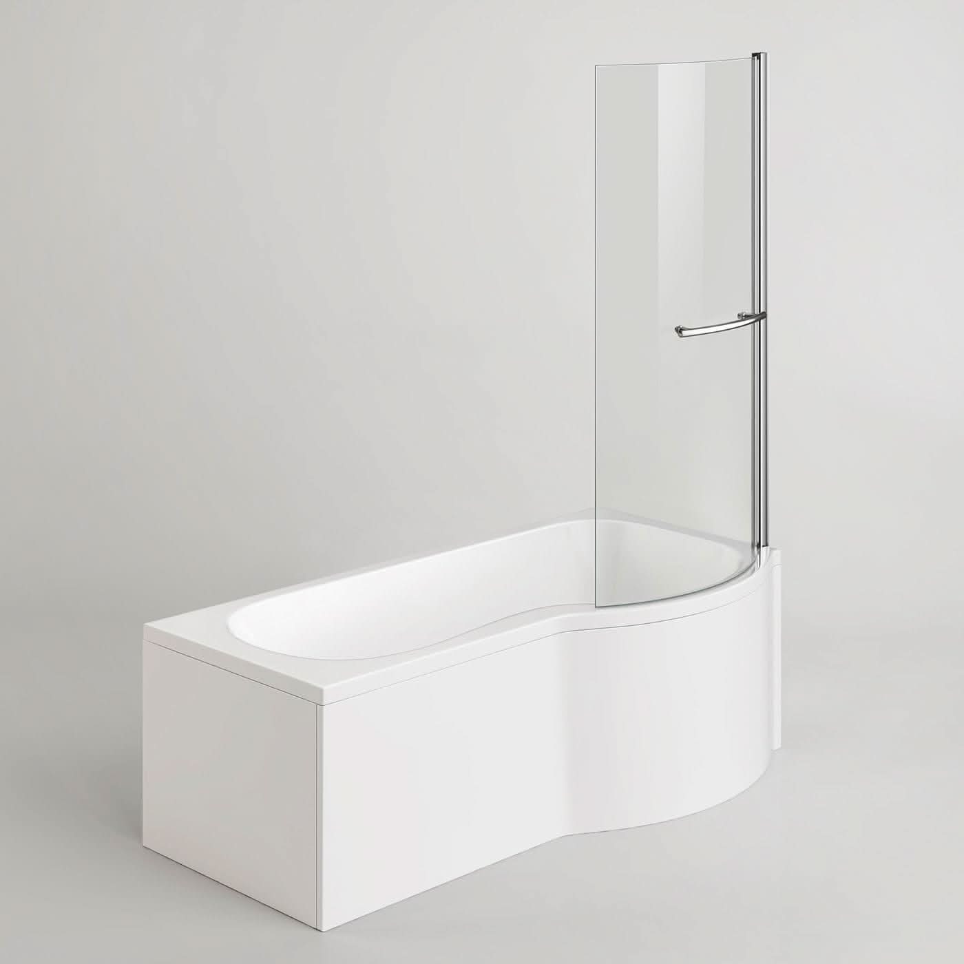 iBathUK Soffra Right Hand P-Shaped Shower Bath, Luxury Acrylic Bathtub with Glass Screen & Panel, P Shaped Bath with Screen, 1700mm