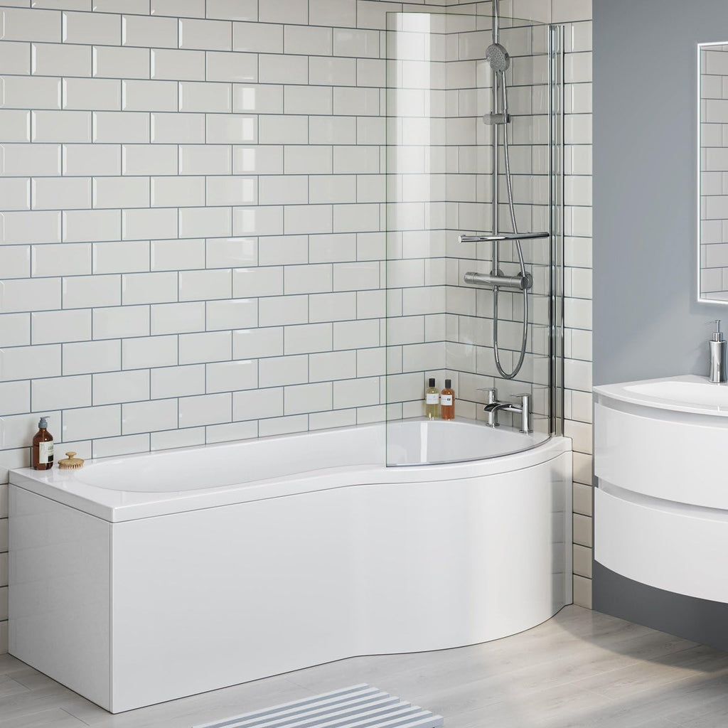 iBathUK Soffra Right Hand P-Shaped Shower Bath, Luxury Acrylic Bathtub with Glass Screen & Panel, P Shaped Bath with Screen, 1700mm
