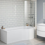 iBathUK Soffra Right Hand P-Shaped Shower Bath, Luxury Acrylic Bathtub with Glass Screen & Panel, P Shaped Bath with Screen, 1700mm