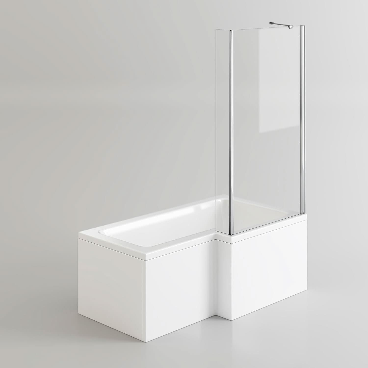 iBathUK Span Right Hand L-Shaped Shower Bath, Modern Straight Bathtub with Glass Screen & Matching Front Panel, L Shaped Bath Screen, 1600mm