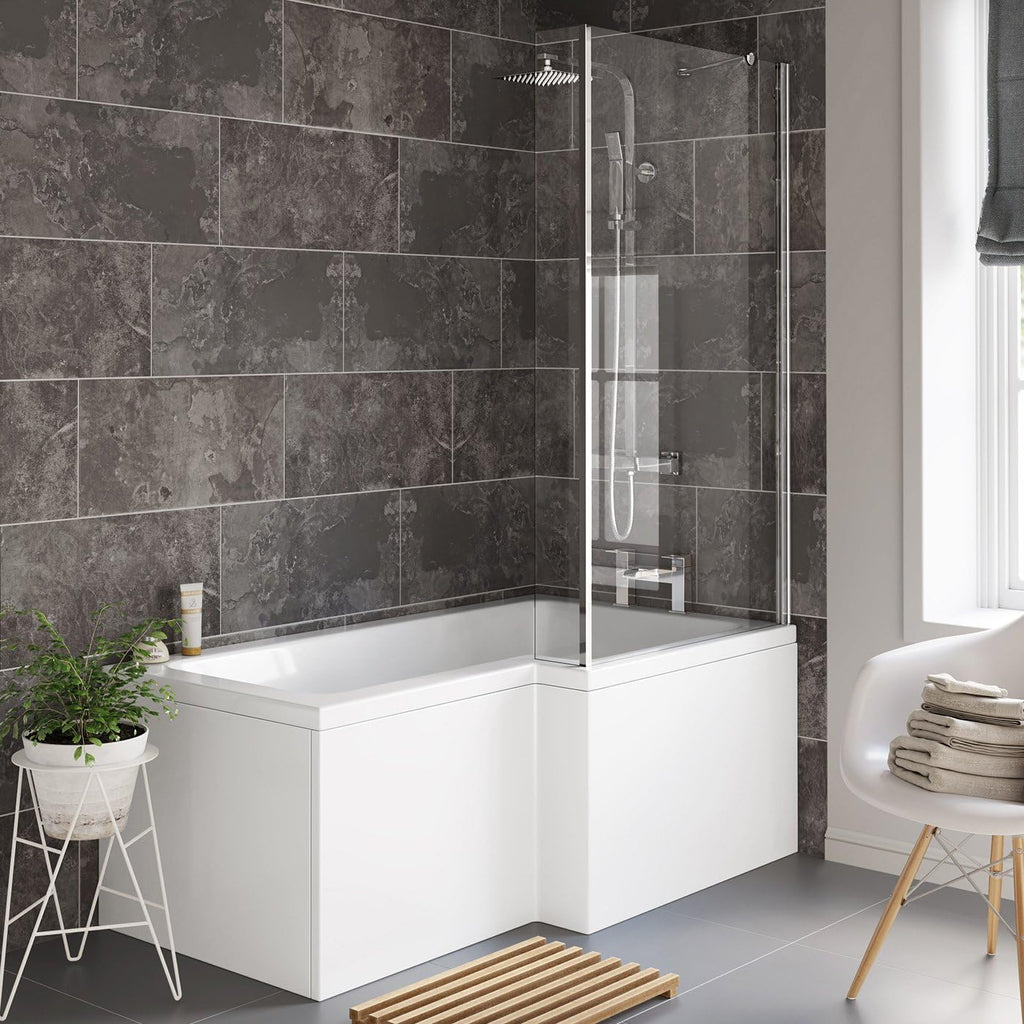 iBathUK Span Right Hand L-Shaped Shower Bath, Modern Straight Bathtub with Glass Screen & Matching Front Panel, L Shaped Bath Screen, 1600mm