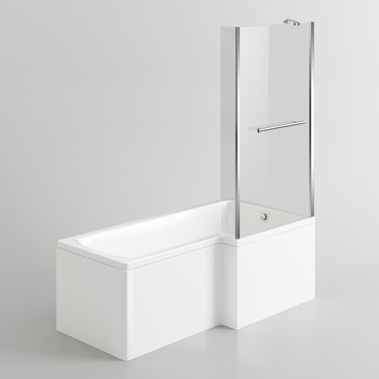 iBathUK Zenvy Right Hand L-Shaped Shower Bath, Modern Straight Acrylic Bathtub with Glass Shower Screen Set, L Shaped Bath Screen, 1500mm