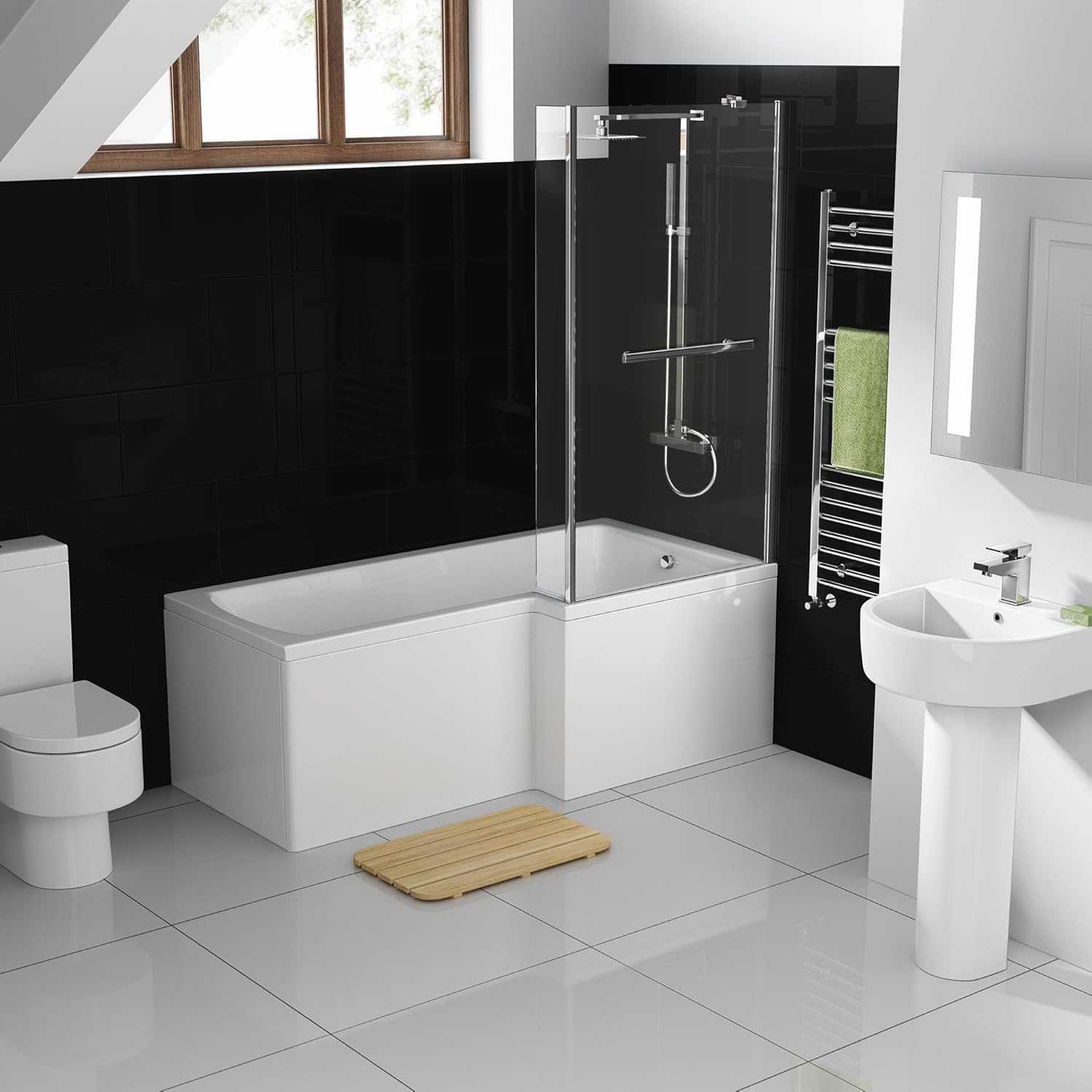 iBathUK Zenvy Right Hand L-Shaped Shower Bath, Modern Straight Acrylic Bathtub with Glass Shower Screen Set, L Shaped Bath Screen, 1500mm