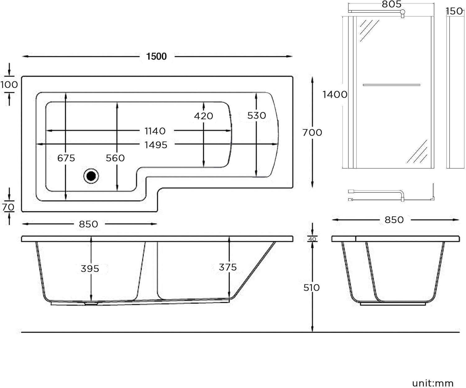 iBathUK Zenvy Left Hand L-Shaped Bath, 6mm Glass Shower Screen, Rail & Front Panel Included, L Shaped Bath Screen, 1500x850mm