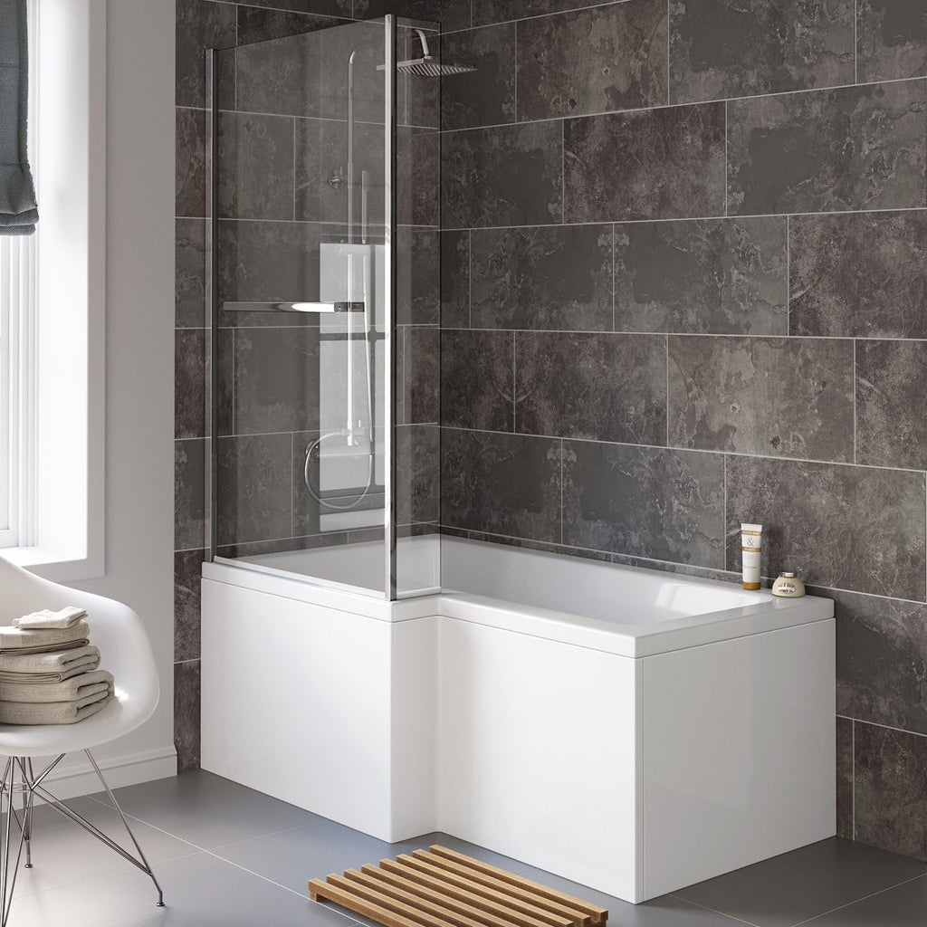 iBathUK Zenvy Left Hand L-Shaped Bath, 6mm Glass Shower Screen, Rail & Front Panel Included, L Shaped Bath Screen, 1500x850mm