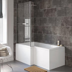 iBathUK Zenvy Left Hand L-Shaped Bath, 6mm Glass Shower Screen, Rail & Front Panel Included, L Shaped Bath Screen, 1500x850mm