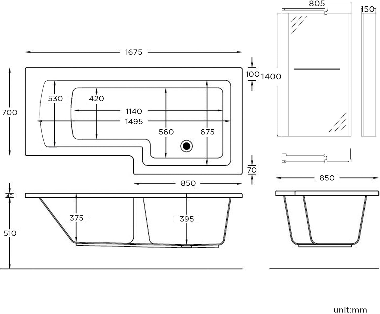 iBathUK Zenvy Right Hand L-Shaped Bath, 6mm Glass Shower Screen, Rail & Front Panel Included, L Shaped Bath Screen, 1500x850mm