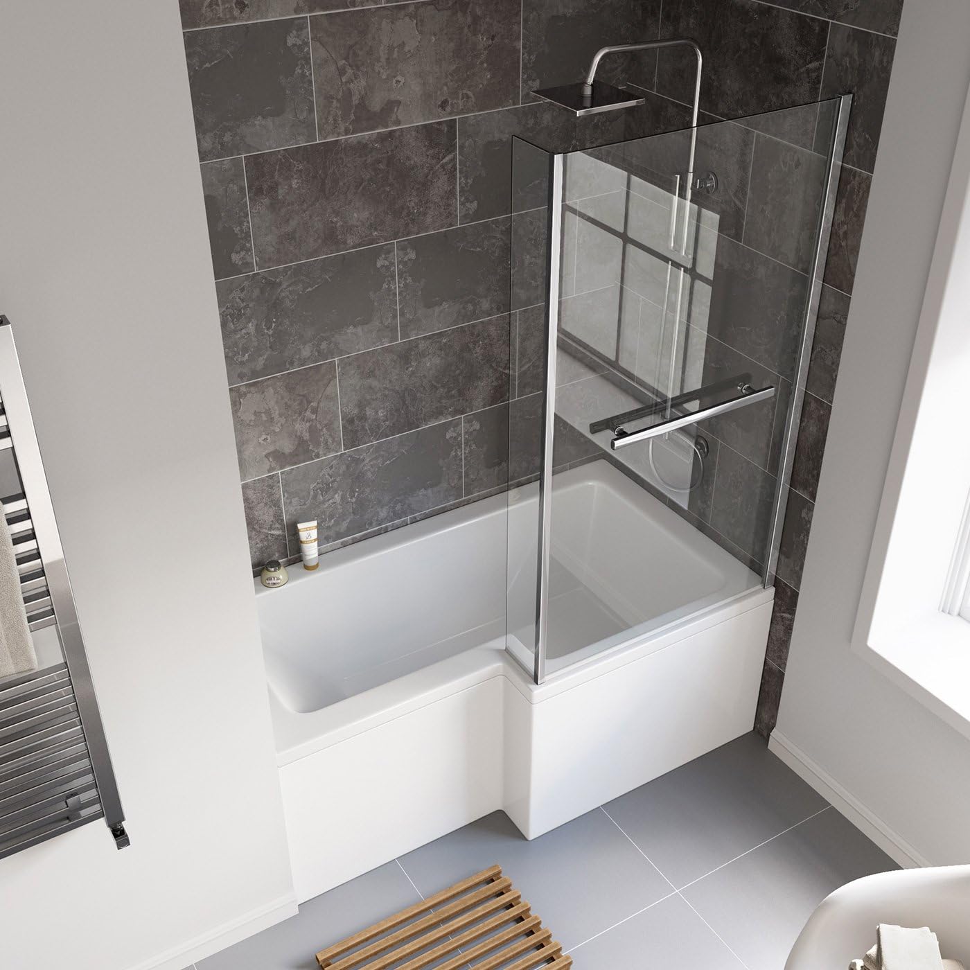 iBathUK Zenvy Right Hand L-Shaped Bath, 6mm Glass Shower Screen, Rail & Front Panel Included, L Shaped Bath Screen, 1500x850mm