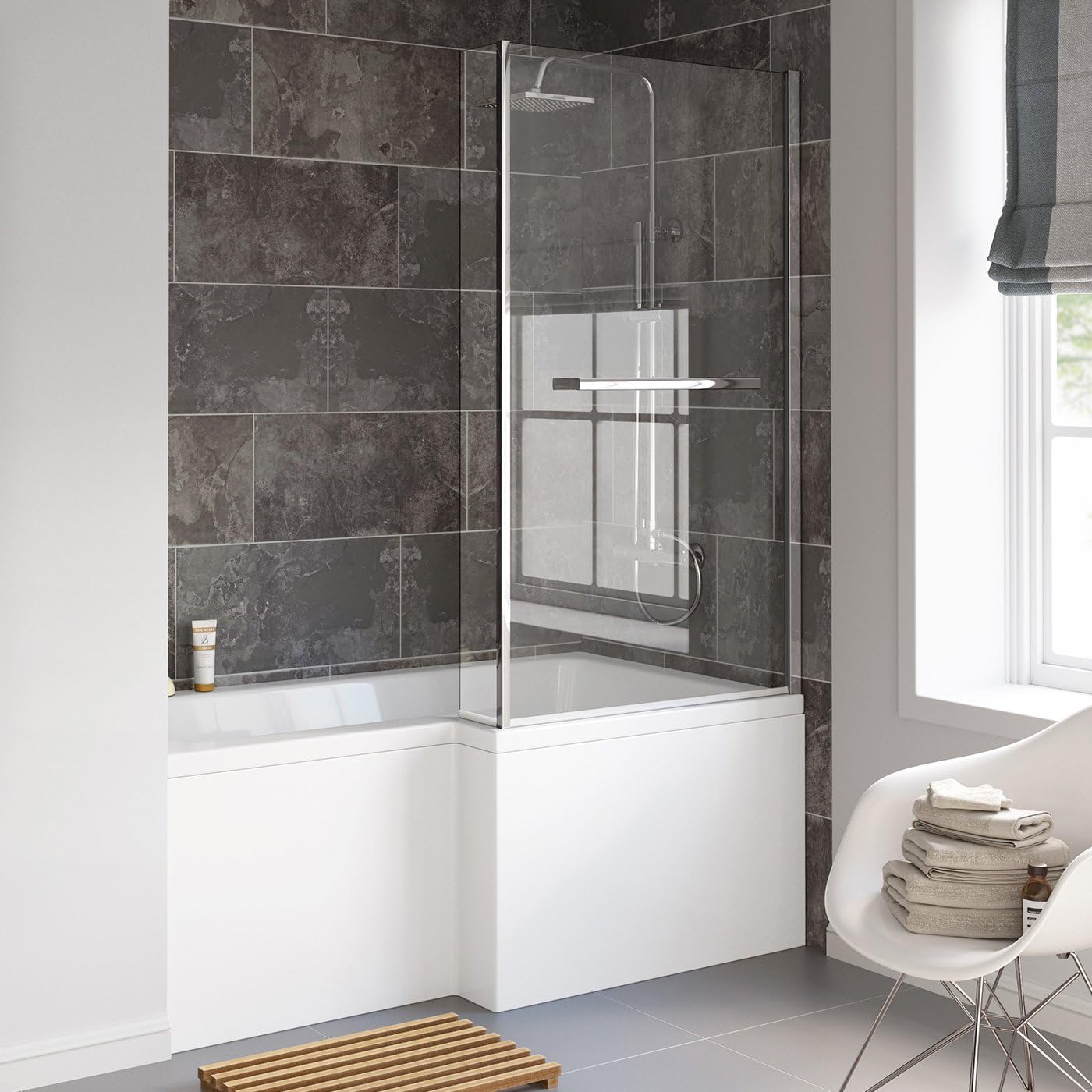 iBathUK Zenvy Right Hand L-Shaped Bath, 6mm Glass Shower Screen, Rail & Front Panel Included, L Shaped Bath Screen, 1500x850mm