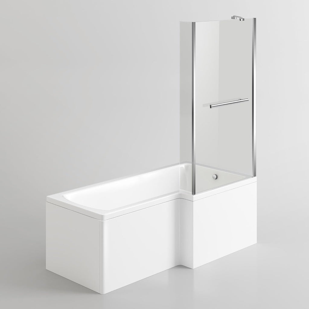iBathUK Vault Right Hand L-Shaped Shower Bath, Modern Straight Acrylic Bathtub with Glass Screen & Matching Front Panel, L Shaped Bath Screen, 1500mm