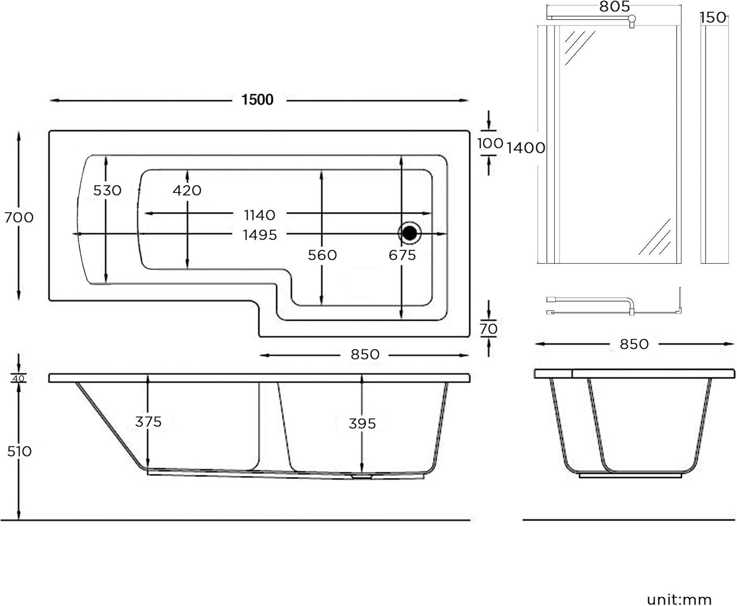 iBathUK Vault Right Hand L-Shaped Shower Bath, Modern Straight Acrylic Bathtub with Glass Screen & Matching Front Panel, L Shaped Bath Screen, 1500mm