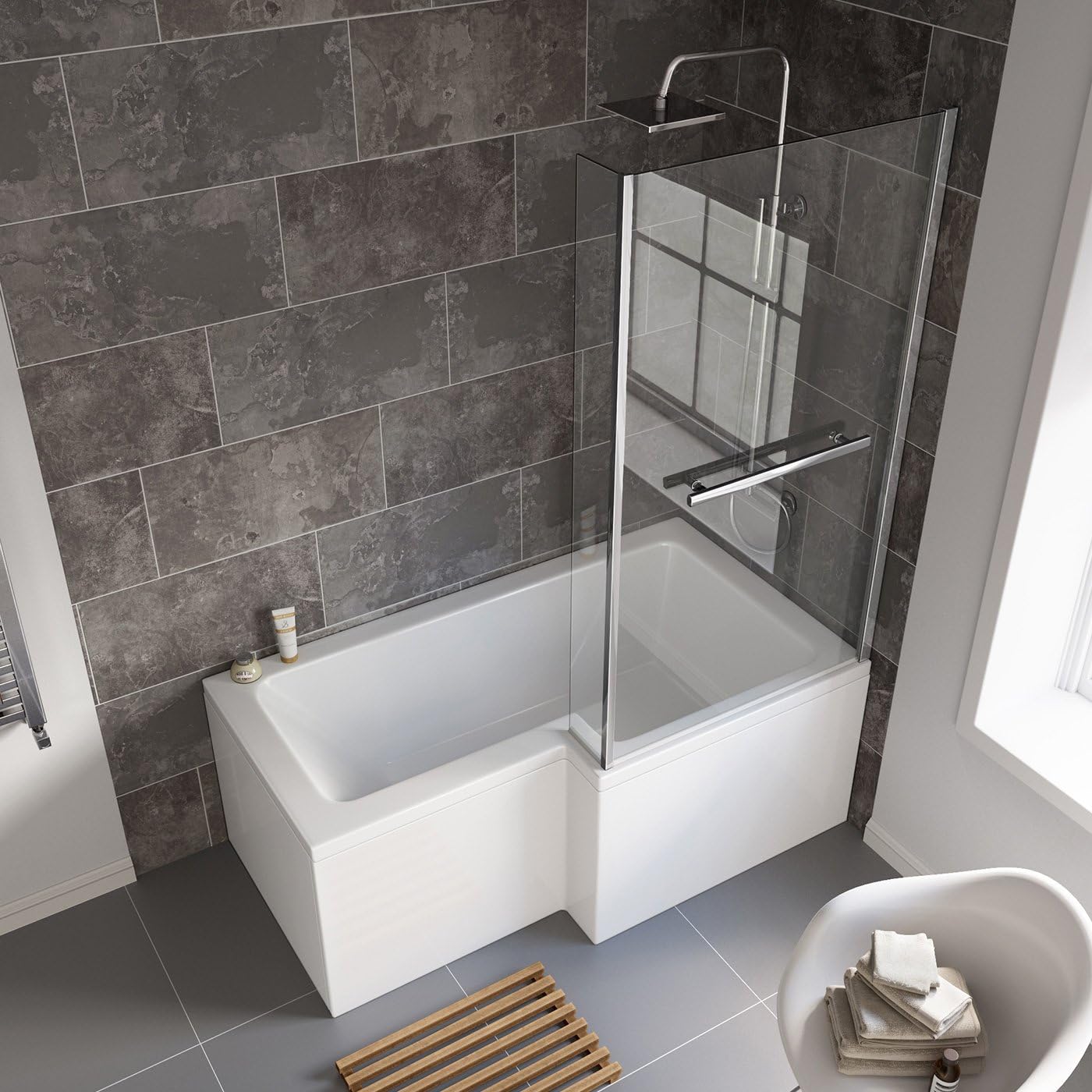 iBathUK Vault Right Hand L-Shaped Shower Bath, Modern Straight Acrylic Bathtub with Glass Screen & Matching Front Panel, L Shaped Bath Screen, 1500mm