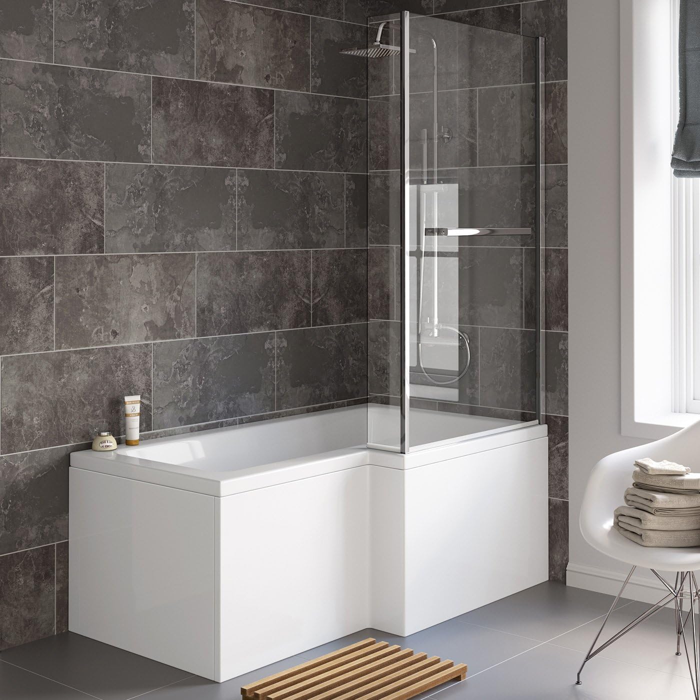 iBathUK Vault Right Hand L-Shaped Shower Bath, Modern Straight Acrylic Bathtub with Glass Screen & Matching Front Panel, L Shaped Bath Screen, 1500mm