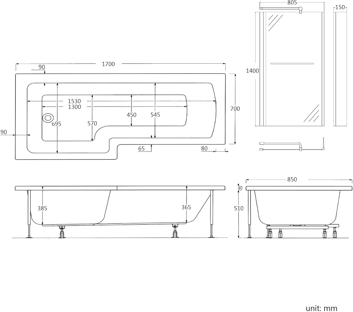 iBathUK Vault Left Hand L-Shaped Shower Bath, Modern Straight Acrylic Bathtub with Toughened Glass Shower Screen, L Shaped Bath Screen, 1700mm