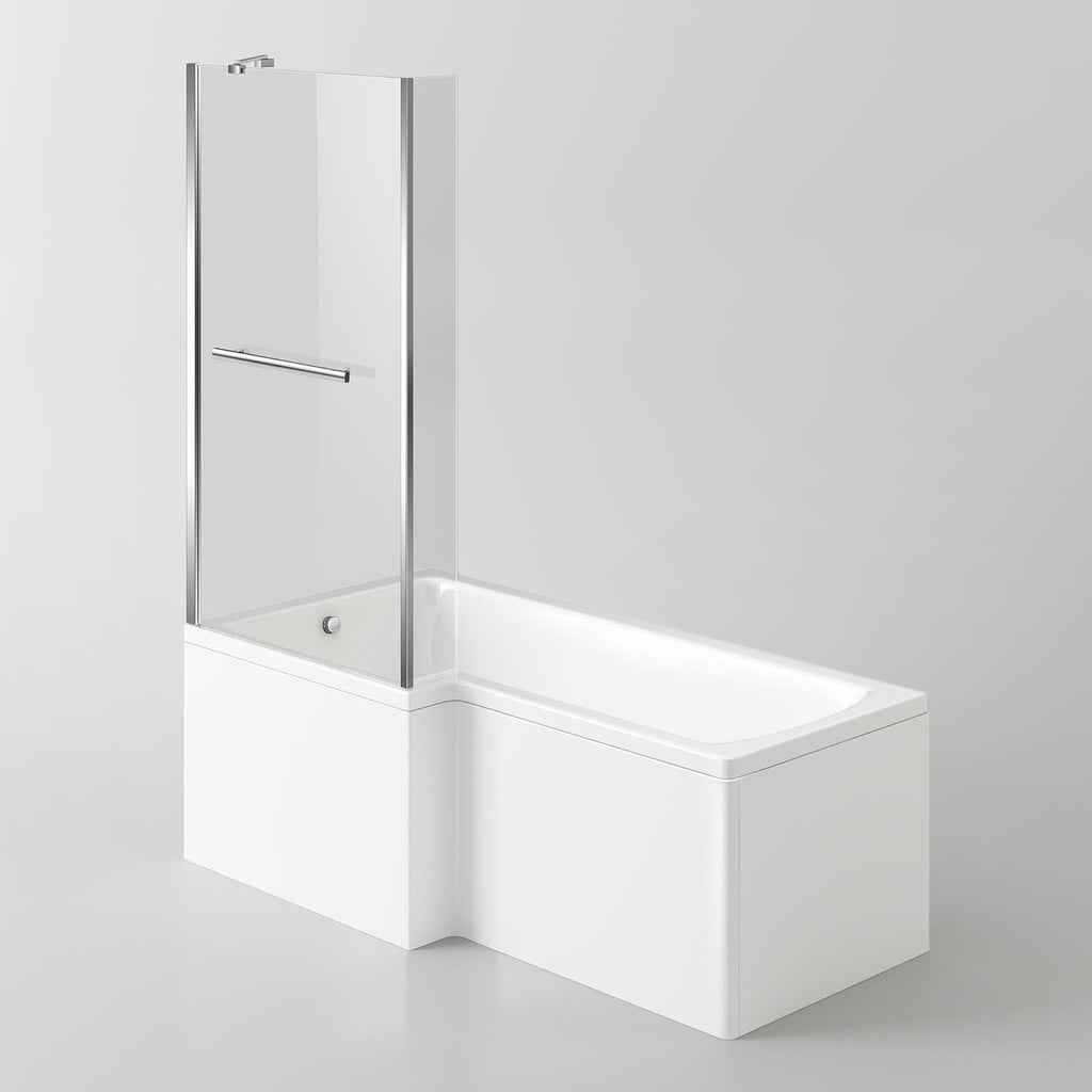 iBathUK Vault Left Hand L-Shaped Shower Bath, Modern Straight Acrylic Bathtub with Toughened Glass Shower Screen, L Shaped Bath Screen, 1700mm