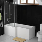 iBathUK Vault Left Hand L-Shaped Shower Bath, Modern Straight Acrylic Bathtub with Toughened Glass Shower Screen, L Shaped Bath Screen, 1700mm