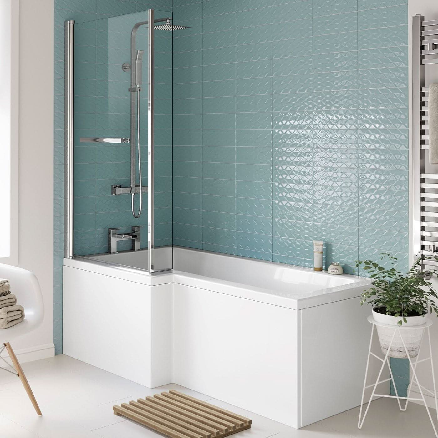 iBathUK Brim Left Hand L-Shaped Shower Bath, Acrylic Bathtub with Glass Screen & Matching Front Panel Bathroom Set, L Shaped Bath Screen, 1700mm