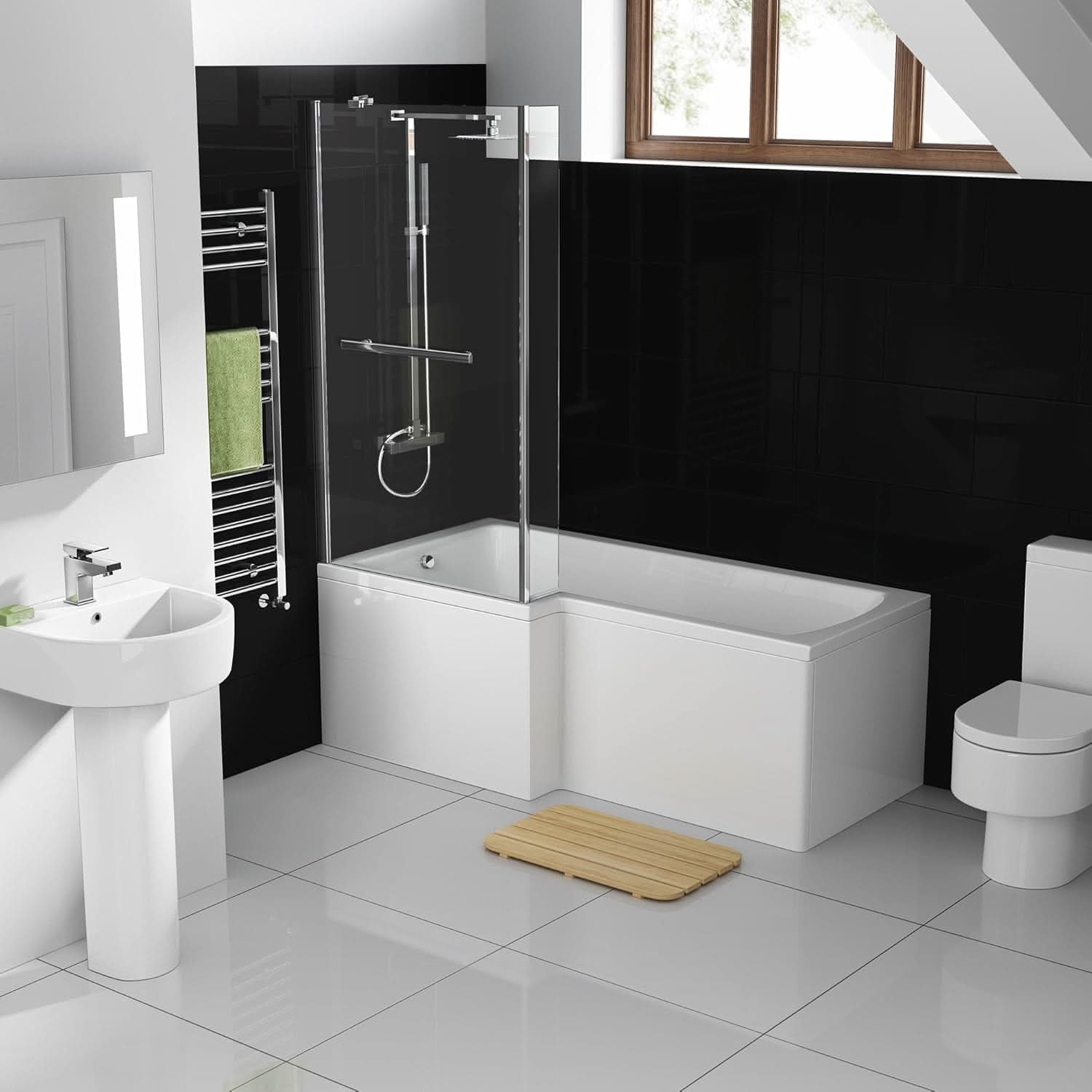 iBathUK Trace Left Hand L-Shaped Shower Bath, Modern Straight Acrylic Bathtub with Glass Screen & Matching Front Panel, L Shaped Bath Screen, 1700mm