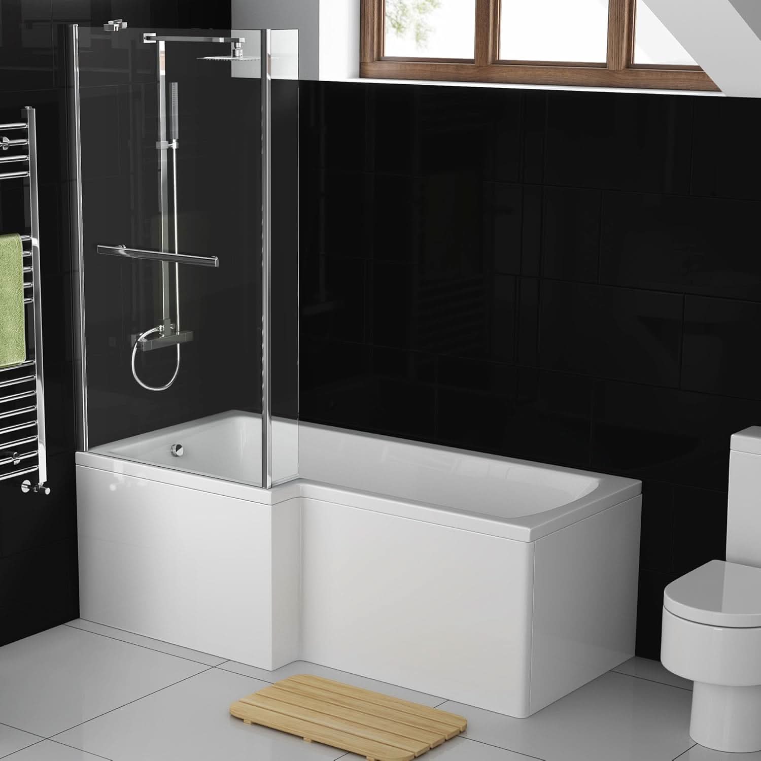 iBathUK Trace Left Hand L-Shaped Shower Bath, Modern Straight Acrylic Bathtub with Glass Screen & Matching Front Panel, L Shaped Bath Screen, 1700mm