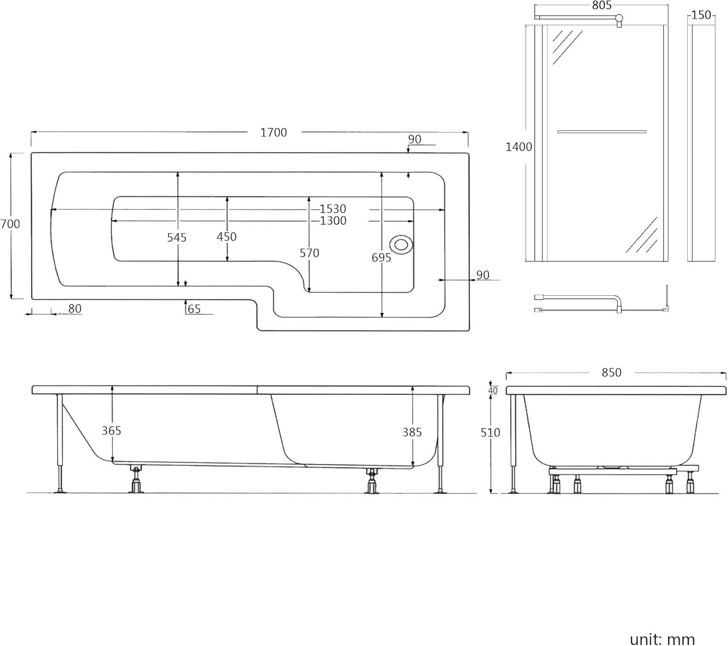 iBathUK Trace Right Hand L-Shaped Shower Bath, Modern Straight Acrylic Bathtub with Glass Screen & Matching Front Panel, L Shaped Bath Screen, 1700mm