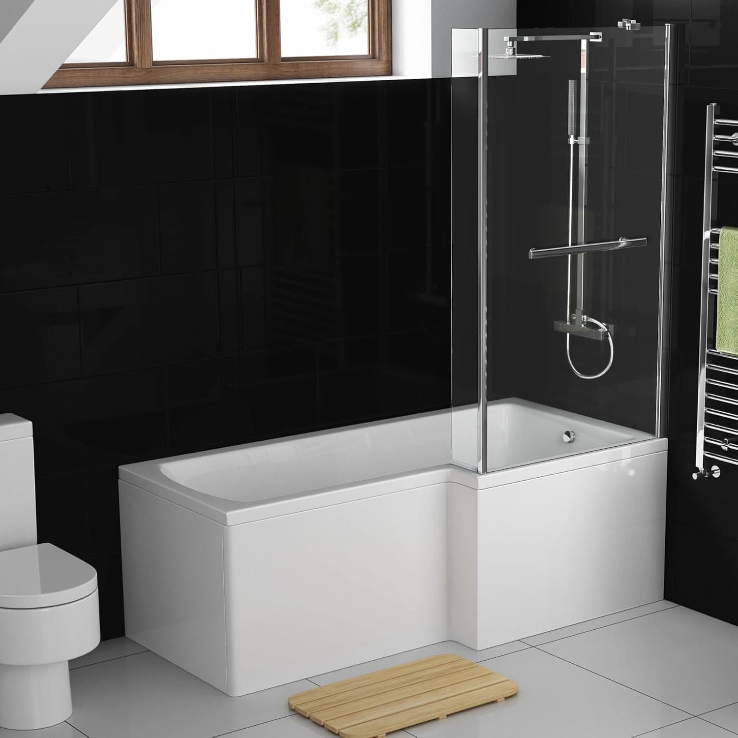 iBathUK Trace Right Hand L-Shaped Shower Bath, Modern Straight Acrylic Bathtub with Glass Screen & Matching Front Panel, L Shaped Bath Screen, 1700mm