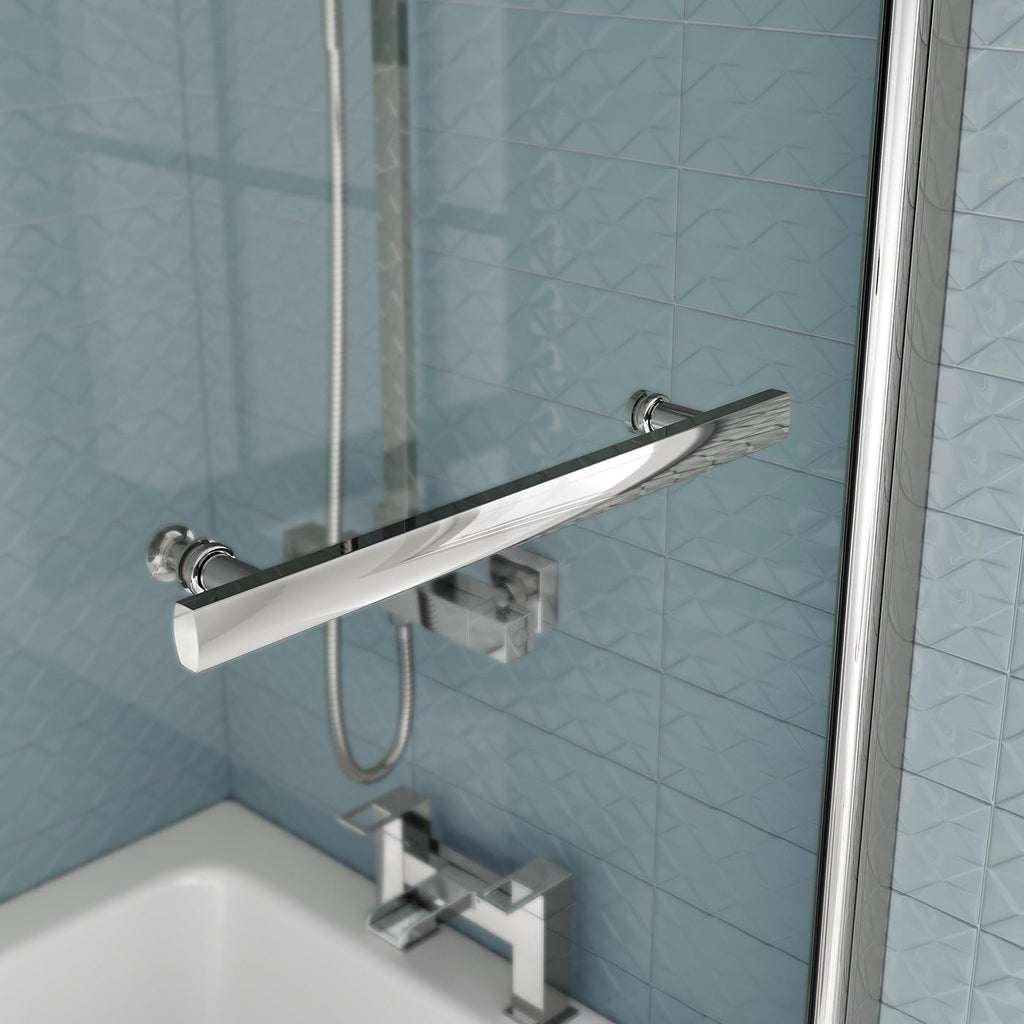 iBathUK Quell Right Hand L-Shaped Shower Bath, White Acrylic Bathtub with Glass Screen, Chrome Rail & Side Panel, L Shaped Bath Screen, 1700mm