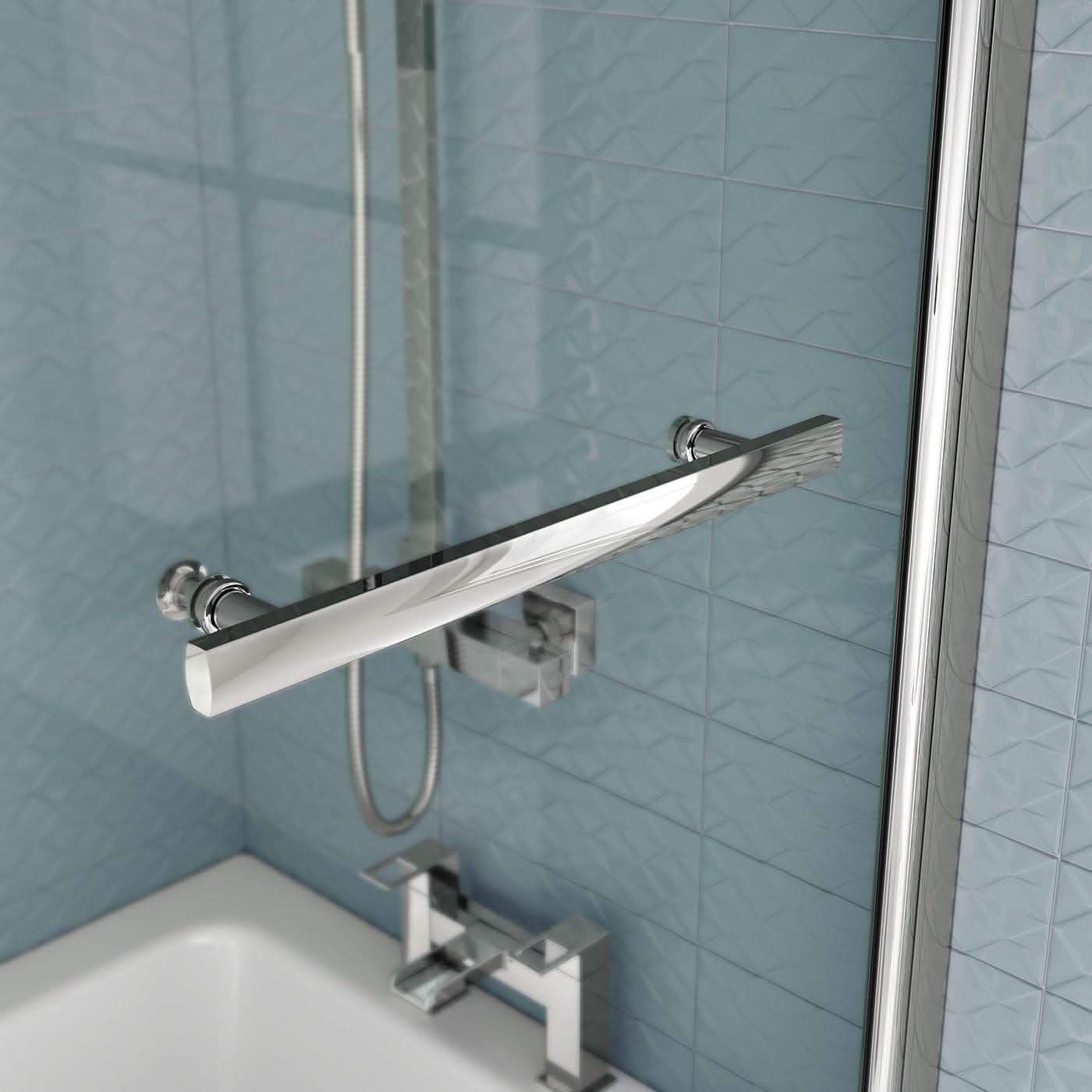 iBathUK Quell Right Hand L-Shaped Shower Bath, White Acrylic Bathtub with Glass Screen, Chrome Rail & Side Panel, L Shaped Bath Screen, 1700mm