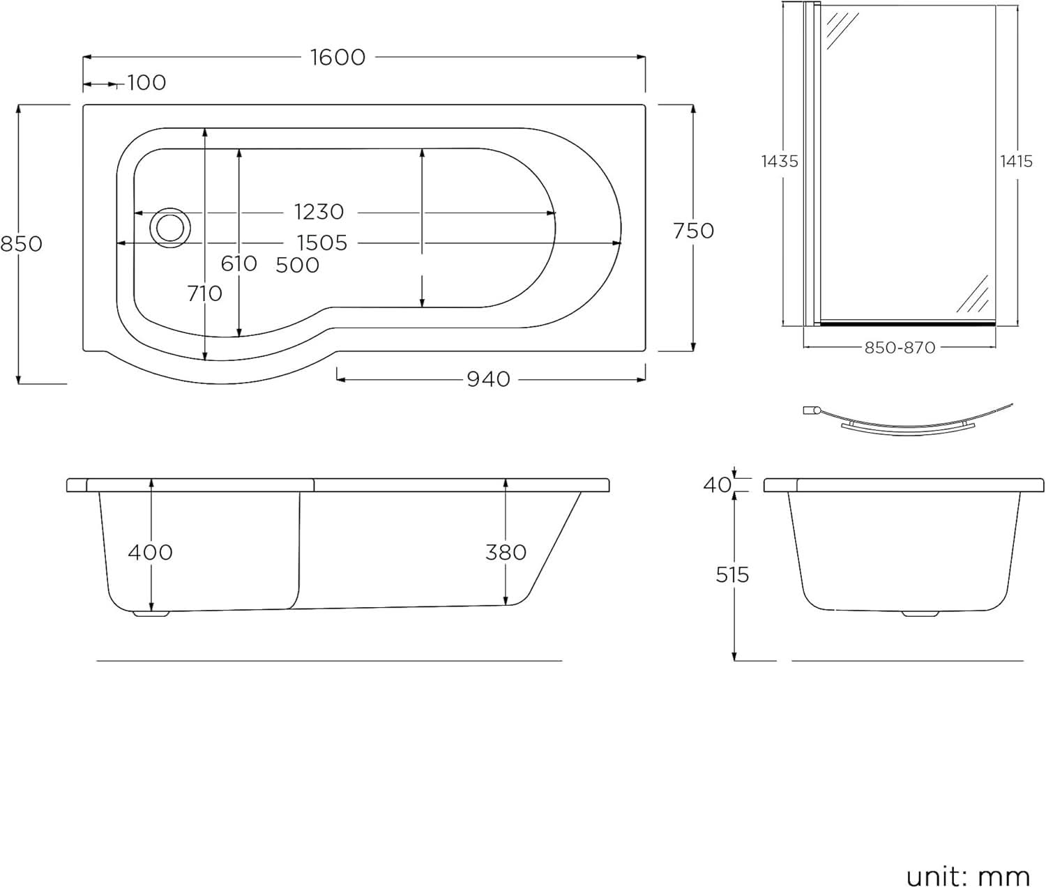 iBathUK Solna P-Shaped Shower Bath Set, Modern Acrylic Bathtub with 6mm Glass Screen, P Shaped Bathtub Panel, Chrome Rail & Matching Front Panel