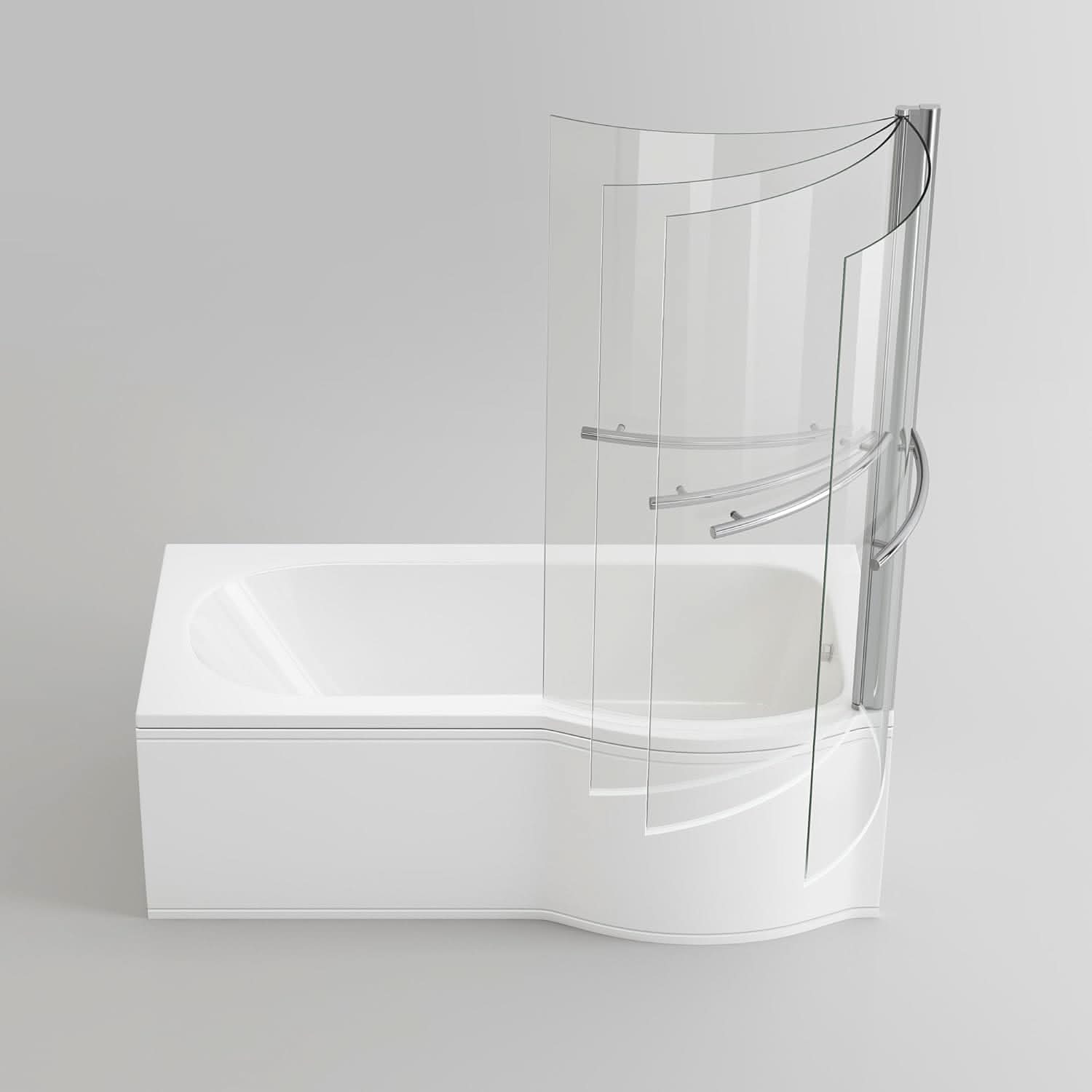 iBathUK Solna P-Shaped Shower Bath Set, Modern Acrylic Bathtub with 6mm Glass Screen, P Shaped Bathtub Panel, Chrome Rail & Matching Front Panel