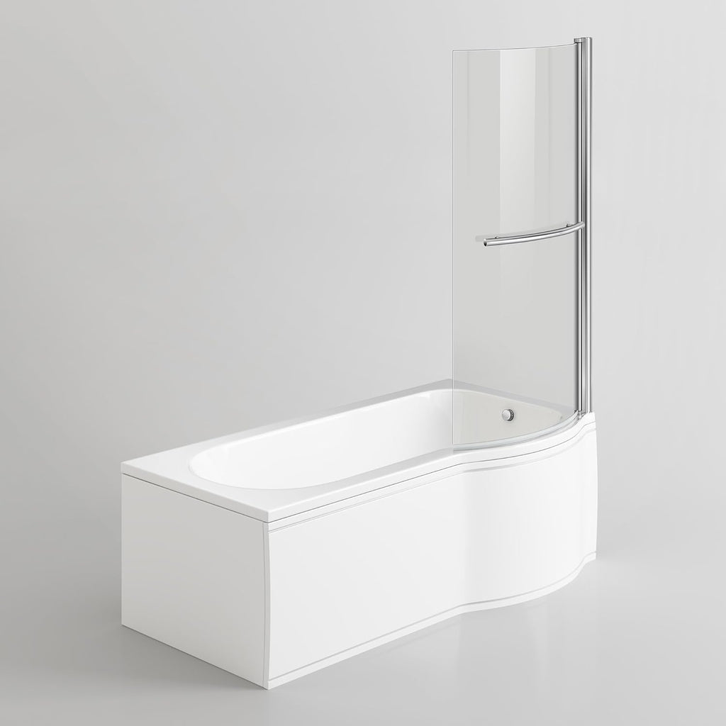 iBathUK Solna P-Shaped Shower Bath Set, Modern Acrylic Bathtub with 6mm Glass Screen, P Shaped Bathtub Panel, Chrome Rail & Matching Front Panel