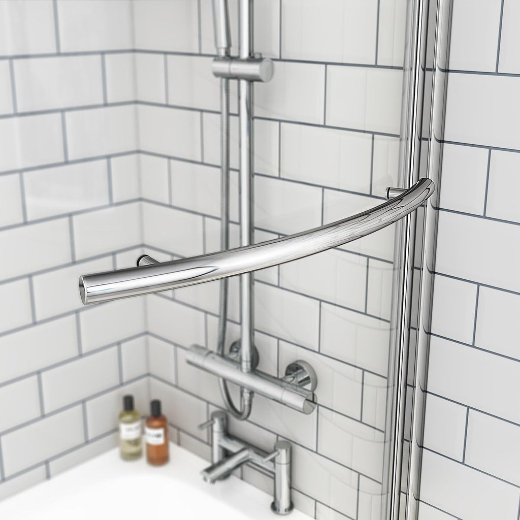 iBathUK Solna P-Shaped Shower Bath Set, Modern Acrylic Bathtub with 6mm Glass Screen, P Shaped Bathtub Panel, Chrome Rail & Matching Front Panel