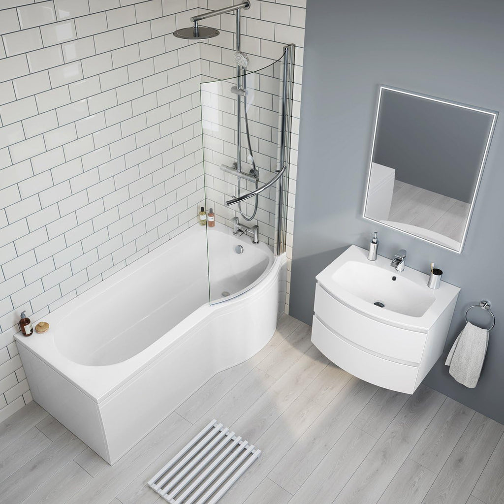 iBathUK Solna P-Shaped Shower Bath Set, Modern Acrylic Bathtub with 6mm Glass Screen, P Shaped Bathtub Panel, Chrome Rail & Matching Front Panel