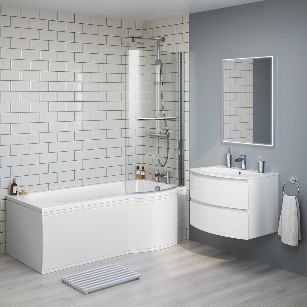 iBathUK Solna P-Shaped Shower Bath Set, Modern Acrylic Bathtub with 6mm Glass Screen, P Shaped Bathtub Panel, Chrome Rail & Matching Front Panel