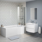 iBathUK Solna P-Shaped Shower Bath Set, Modern Acrylic Bathtub with 6mm Glass Screen, P Shaped Bathtub Panel, Chrome Rail & Matching Front Panel