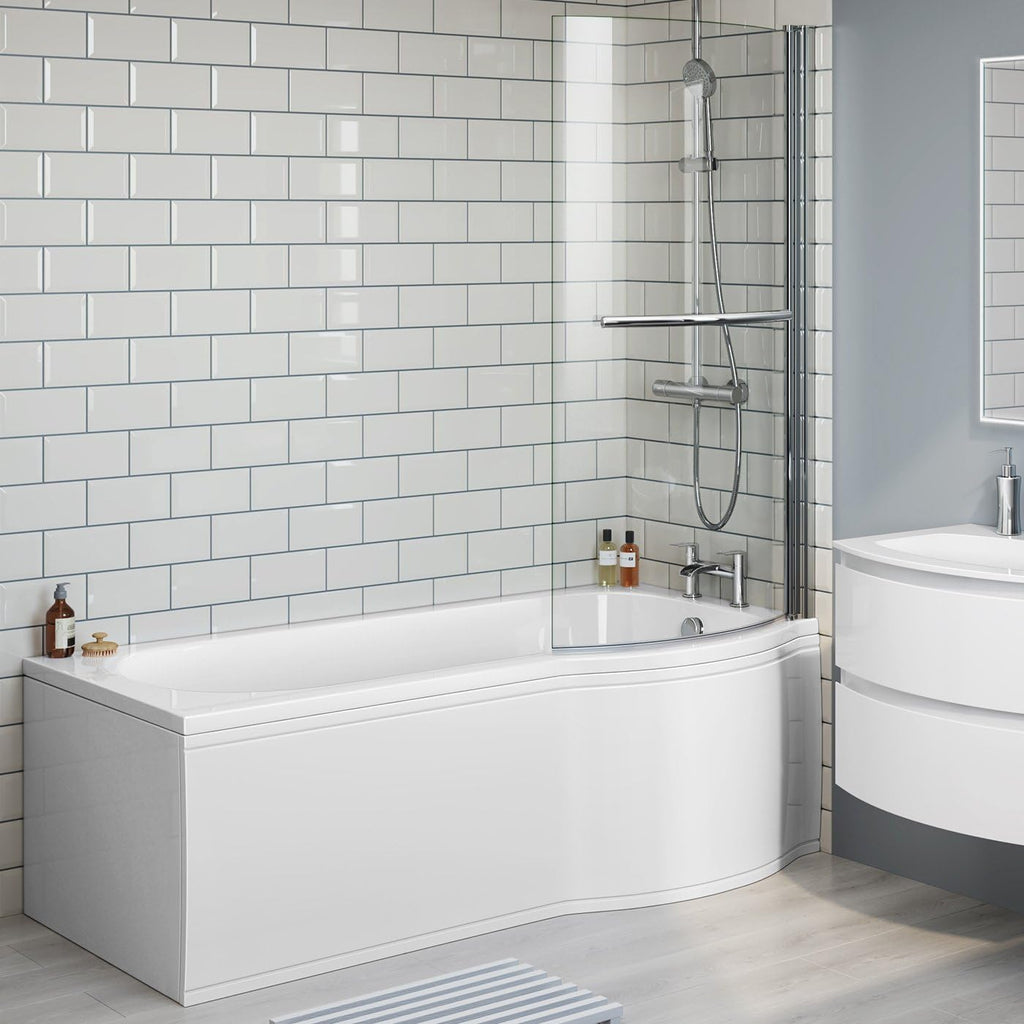 iBathUK Solna P-Shaped Shower Bath Set, Modern Acrylic Bathtub with 6mm Glass Screen, P Shaped Bathtub Panel, Chrome Rail & Matching Front Panel