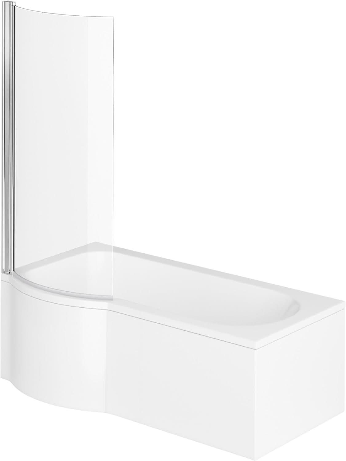 iBathUK Trena Left Hand P-Shaped Shower Bath, Modern Acrylic Bathtub with Glass Screen & Matching Side Panel, P Shaped Bathtub Panel, 1500mm