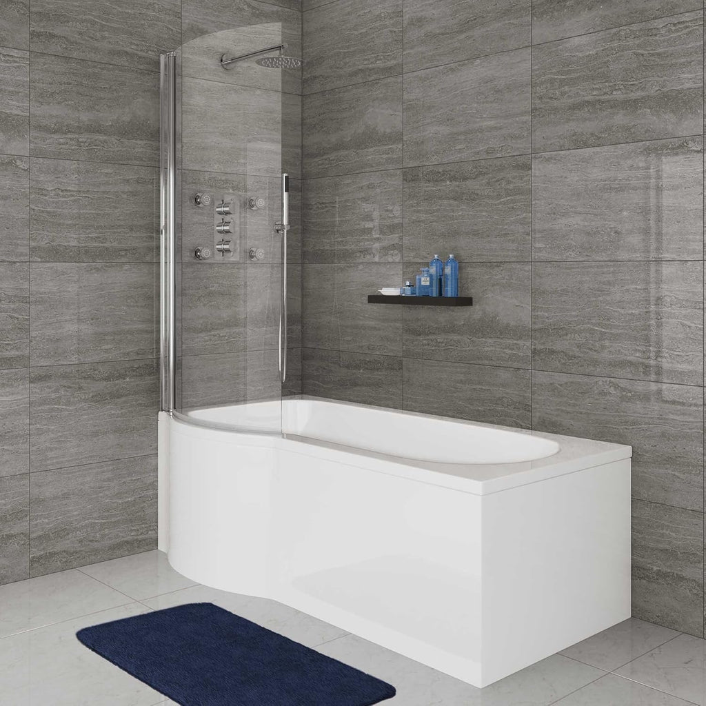 iBathUK Trena Left Hand P-Shaped Shower Bath, Modern Acrylic Bathtub with Glass Screen & Matching Side Panel, P Shaped Bathtub Panel, 1500mm