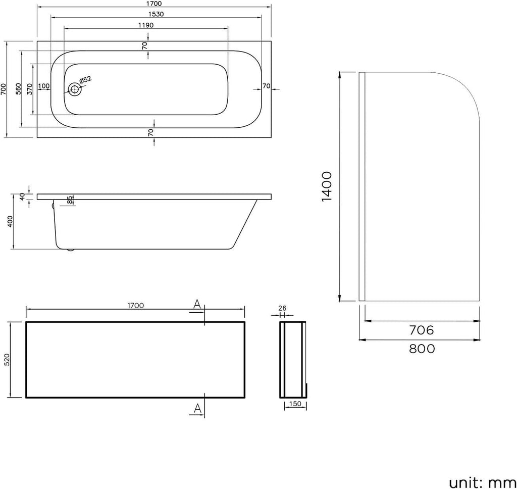 iBathUK Arvon 1700mm Single Ended Straight Bath Modern Acrylic Bathtub with 800mm Toughened Glass Shower Screen
