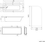iBathUK Arvon 1700mm Single Ended Straight Bath Modern Acrylic Bathtub with 800mm Toughened Glass Shower Screen