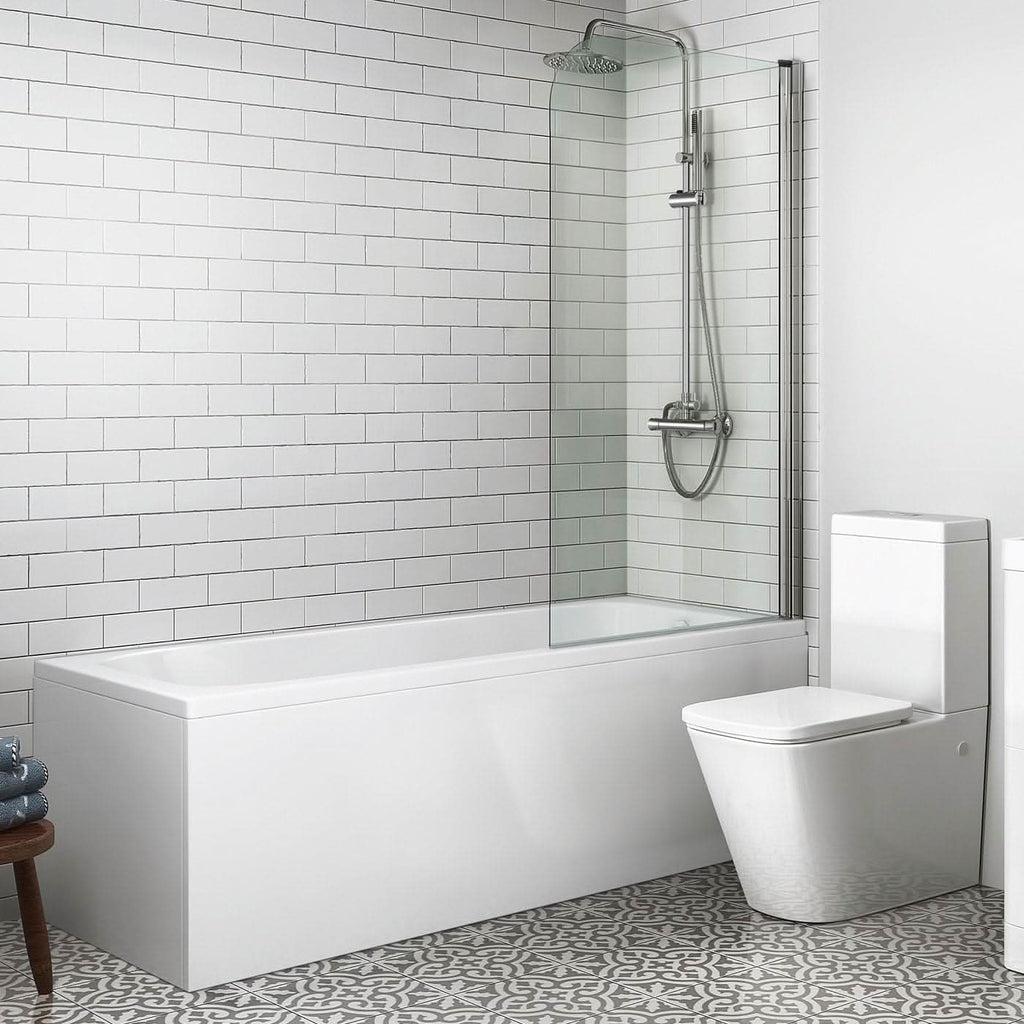 iBathUK Arvon 1700mm Single Ended Straight Bath Modern Acrylic Bathtub with 800mm Toughened Glass Shower Screen