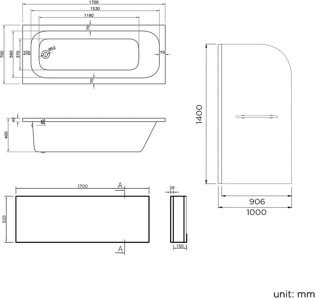 iBathUK Arvon 1700mm Single Ended Straight Bath Modern Acrylic Bathtub with 1000mm Toughened Glass Shower Screen with Rail