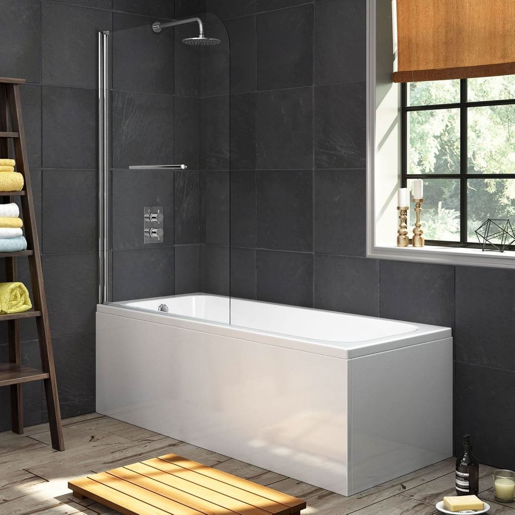 iBathUK Arvon 1700mm Single Ended Straight Bath Modern Acrylic Bathtub with 1000mm Toughened Glass Shower Screen with Rail