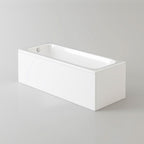 The iBathUK Arvon Luxury Single Ended Straight Bath is a modern 1700mm acrylic bathtub with matching front panel, featuring clean lines, a smooth surface, and a silver drain—perfect for contemporary bathrooms. Shown on a light gray background.