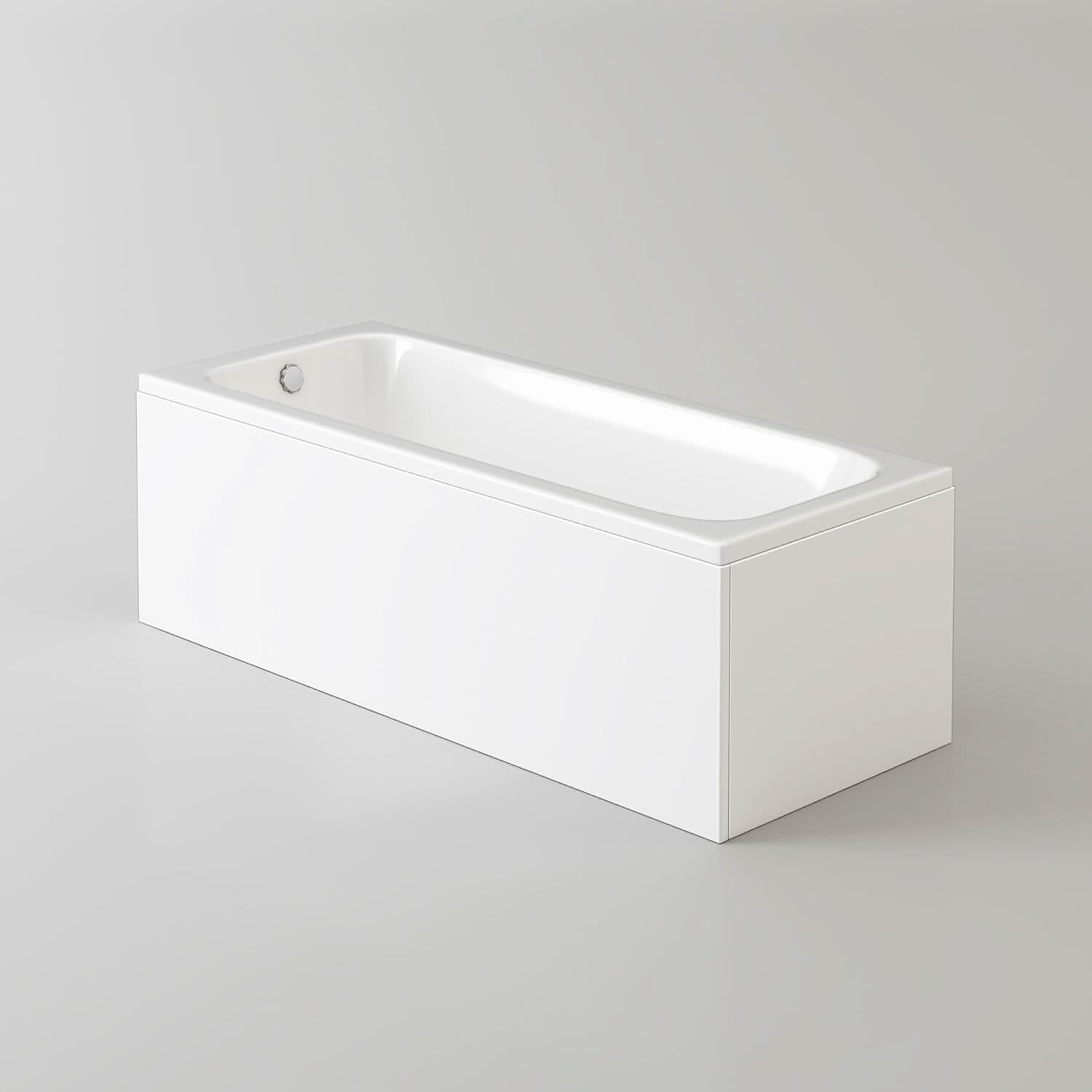 The iBathUK Arvon Luxury Single Ended Straight Bath is a modern 1700mm acrylic bathtub with matching front panel, featuring clean lines, a smooth surface, and a silver drain—perfect for contemporary bathrooms. Shown on a light gray background.